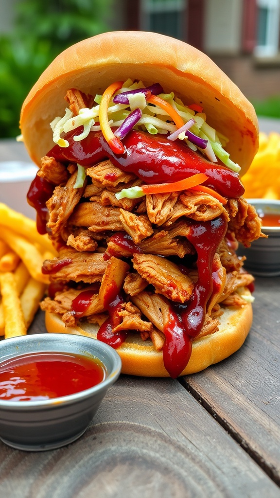 A delicious barbecue chicken sandwich with coleslaw on a rustic table with fries and barbecue sauce.